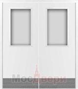 Пластиковая маятниковая двустворчатая дверь CL белая с прозрачным стеклом и отбойной пластиной