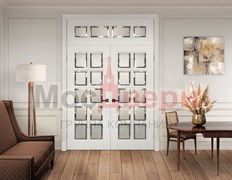 Дверь на заказ Эмаль Elegante Bianco Английская решетка двустворчатая с фрамугой стекло матовое с фацетом